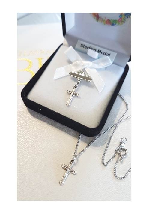 Baby Sterling Crucifix, Sterling Silver Medal Bar Pin,Childrens Sterling Silver Pendant ,Christening Gift,New Baby Gift,Baptism Jewelry