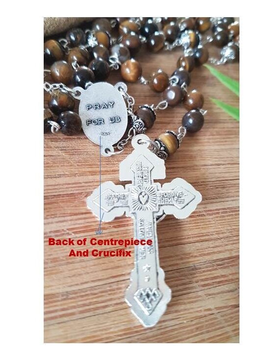 St Michael Tiger Eye Rosary,Men's Genuine Tiger Eye Rosary,8mm Big Stone Beads Rosary for Adults,Pardon Crucifix,Italian Parts,Pray for Us
