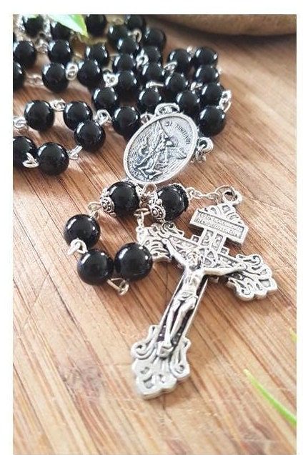 St Michael Black Rosary,Men Onyx Gemstone Rosary,Adult Gemstone Prayer Beads,Big Heavy Rosary with St Michael and Pardon Crucifix