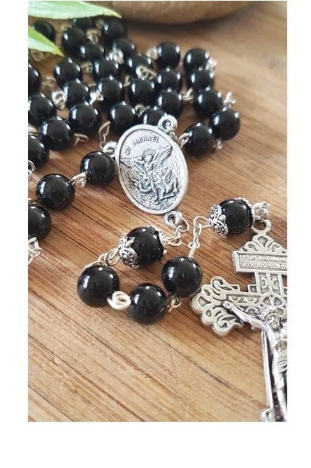 St Michael Black Rosary,Men Onyx Gemstone Rosary,Adult Gemstone Prayer Beads,Big Heavy Rosary with St Michael and Pardon Crucifix