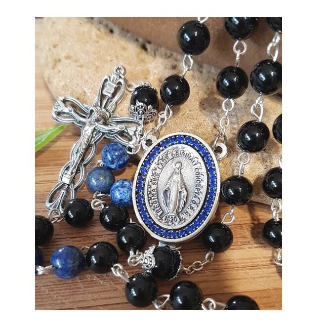 Lapis Lazuli and Onyx Rosary,Big Genuine Gemstone Rosary,Sapphire Miraculous Medal,Blue Virgin Mary Medal,Gemstone Prayer Beads
