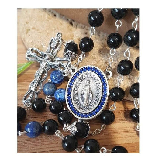 Lapis Lazuli and Onyx Rosary,Big Genuine Gemstone Rosary,Sapphire Miraculous Medal,Blue Virgin Mary Medal,Gemstone Prayer Beads