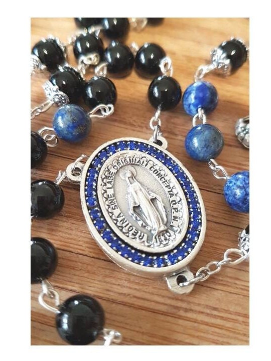 Lapis Lazuli and Onyx Rosary,Big Genuine Gemstone Rosary,Sapphire Miraculous Medal,Blue Virgin Mary Medal,Gemstone Prayer Beads