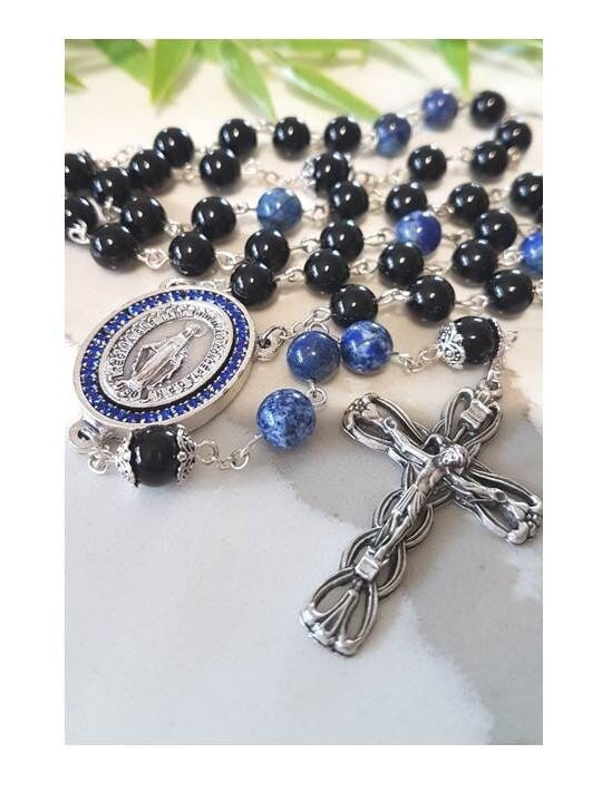 Lapis Lazuli and Onyx Rosary,Big Genuine Gemstone Rosary,Sapphire Miraculous Medal,Blue Virgin Mary Medal,Gemstone Prayer Beads