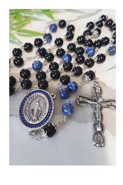 Lapis Lazuli and Onyx Rosary,Big Genuine Gemstone Rosary,Sapphire Miraculous Medal,Blue Virgin Mary Medal,Gemstone Prayer Beads