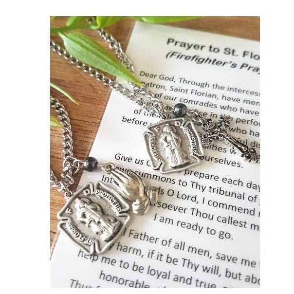 St Florian Medal with Prayer,Saint Florian Firefighters Saint,Patron Saint Pendant with Charm, Praying Hands and Crucifix,Saints Medal