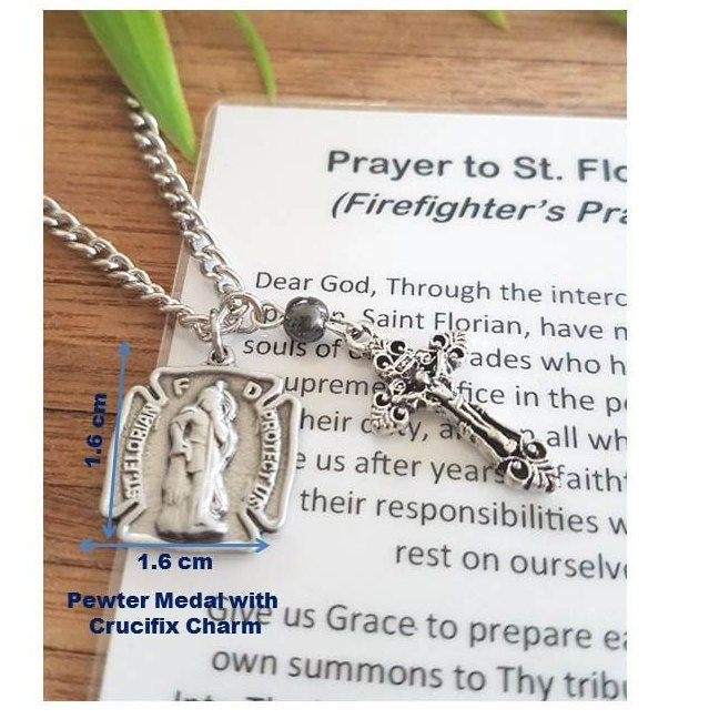 St Florian Medal with Prayer,Saint Florian Firefighters Saint,Patron Saint Pendant with Charm, Praying Hands and Crucifix,Saints Medal
