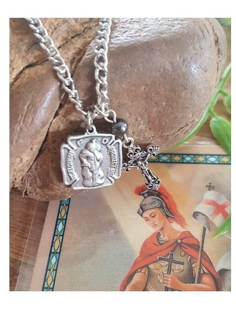 St Florian Medal with Prayer,Saint Florian Firefighters Saint,Patron Saint Pendant with Charm, Praying Hands and Crucifix,Saints Medal