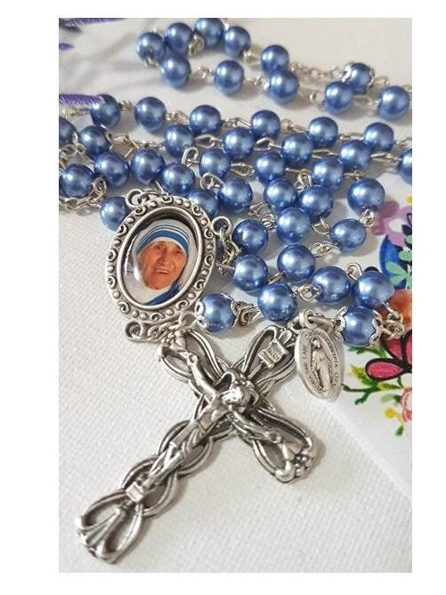 Mother Teresa Rosary,Blue Pearl Rosary,St Teresa of Calcutta Rosary,Deluxe Rosary Metallic Blue,Mother Theresa Quotes,Mini Miraculous Medal