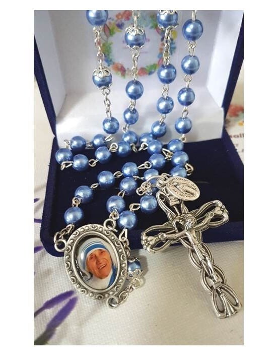 Mother Teresa Rosary,Blue Pearl Rosary,St Teresa of Calcutta Rosary,Deluxe Rosary Metallic Blue,Mother Theresa Quotes,Mini Miraculous Medal