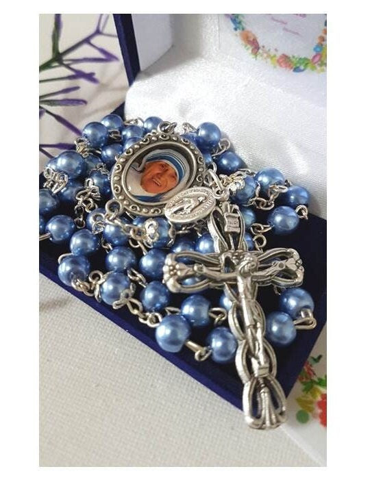Mother Teresa Rosary,Blue Pearl Rosary,St Teresa of Calcutta Rosary,Deluxe Rosary Metallic Blue,Mother Theresa Quotes,Mini Miraculous Medal