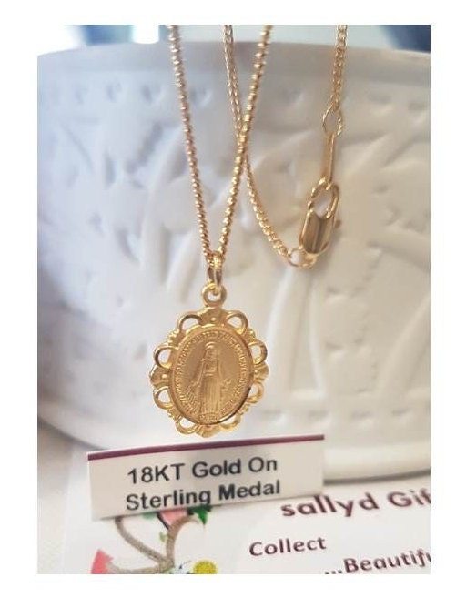 Gold On Sterling Miraculous Medal,Gold Sterling Silver Virgin Mary Pendant with Filigree,Ladies and Girls Mother Mary Pendant,Lady of Grace
