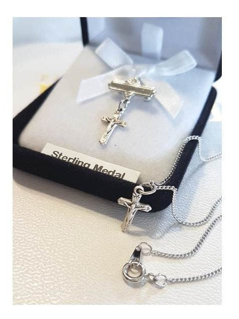 Baby Sterling Crucifix, Sterling Silver Medal Bar Pin,Childrens Sterling Silver Pendant ,Christening Gift,New Baby Gift,Baptism Jewelry