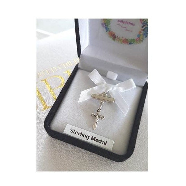 Baby Sterling Crucifix, Sterling Silver Medal Bar Pin,Childrens Sterling Silver Pendant ,Christening Gift,New Baby Gift,Baptism Jewelry