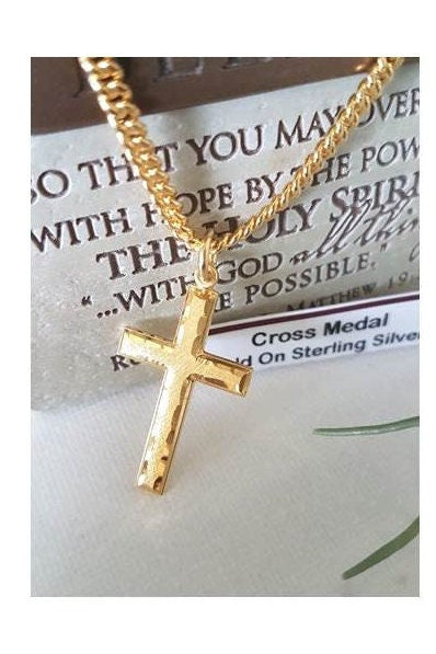 Men and Adult Cross Medal,Gold Cross Necklace,18KT Gold on Sterling Silver Cross Pendant,Bold Gold On Sterling Jewelry,Chunky Heavy Chain