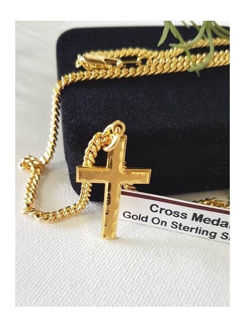 Men and Adult Cross Medal,Gold Cross Necklace,18KT Gold on Sterling Silver Cross Pendant,Bold Gold On Sterling Jewelry,Chunky Heavy Chain