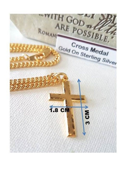 Men and Adult Cross Medal,Gold Cross Necklace,18KT Gold on Sterling Silver Cross Pendant,Bold Gold On Sterling Jewelry,Chunky Heavy Chain