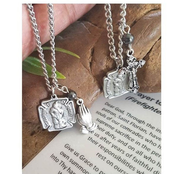 St Florian Medal with Prayer,Saint Florian Firefighters Saint,Patron Saint Pendant with Charm, Praying Hands and Crucifix,Saints Medal