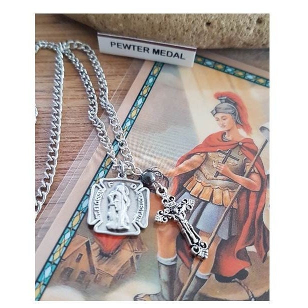 St Florian Medal with Prayer,Saint Florian Firefighters Saint,Patron Saint Pendant with Charm, Praying Hands and Crucifix,Saints Medal