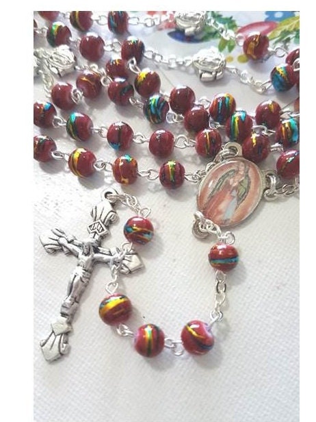 Virgin Of Guadalupe Rosary,Red Venetian Glass Rosary,Our Lady of Guadalupe Medal Rosary,Apparition of Mary Rosary,Latin America Patron Saint