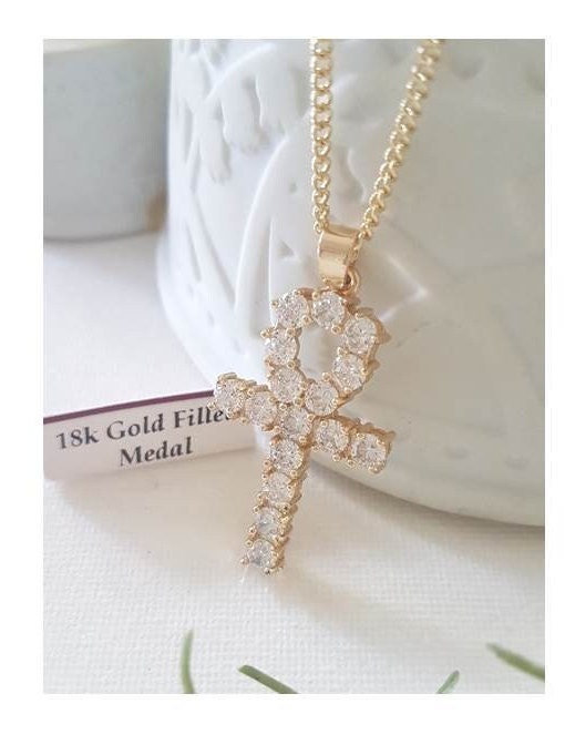 Big Egyptian Ankh Cross,Chunky Gold Filled Ankh Cross Necklace,18K Gold Filled with CZ Crystal Cross Pendant,Unisex Gold Cross Jewelry