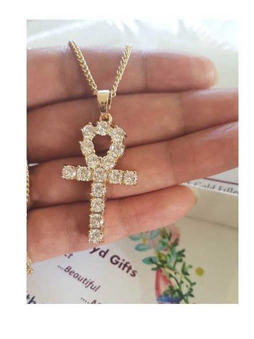 Big Egyptian Ankh Cross,Chunky Gold Filled Ankh Cross Necklace,18K Gold Filled with CZ Crystal Cross Pendant,Unisex Gold Cross Jewelry