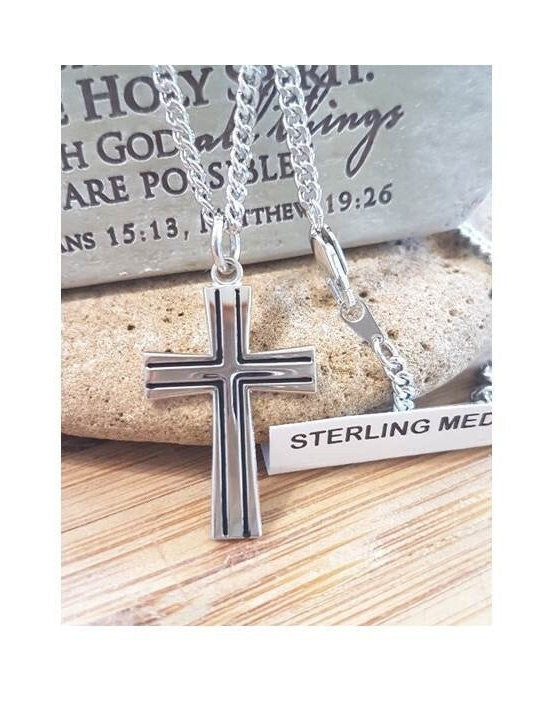 Adult Sterling Cross For Men, Polished and Big Sterling Cross Medal, Anglican Cross, Simple Cross Jewelry, Quality Men's Cross, Black Cross