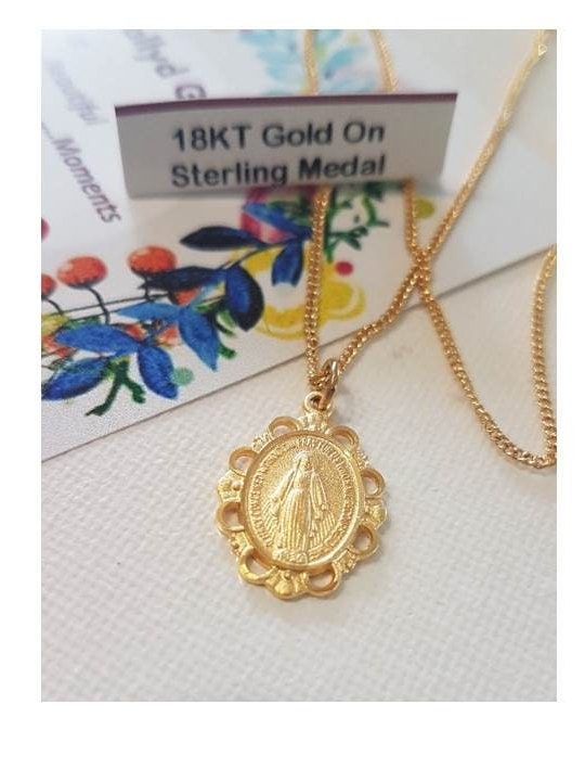Gold On Sterling Miraculous Medal,Gold Sterling Silver Virgin Mary Pendant with Filigree,Ladies and Girls Mother Mary Pendant,Lady of Grace