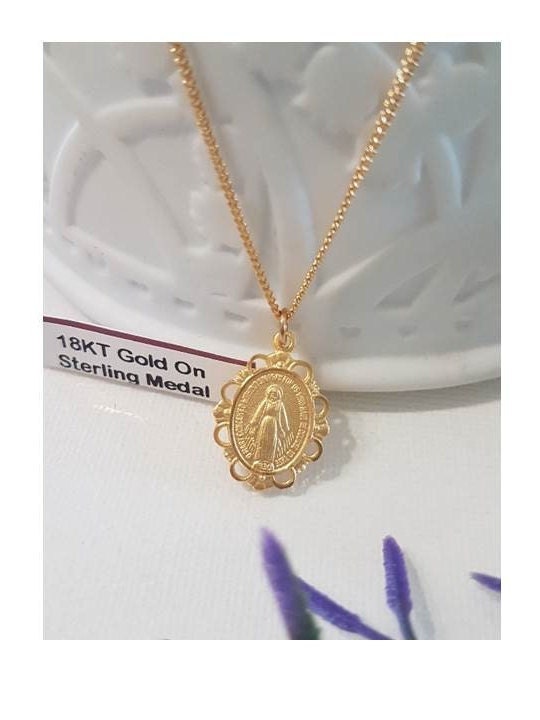 Gold On Sterling Miraculous Medal,Gold Sterling Silver Virgin Mary Pendant with Filigree,Ladies and Girls Mother Mary Pendant,Lady of Grace
