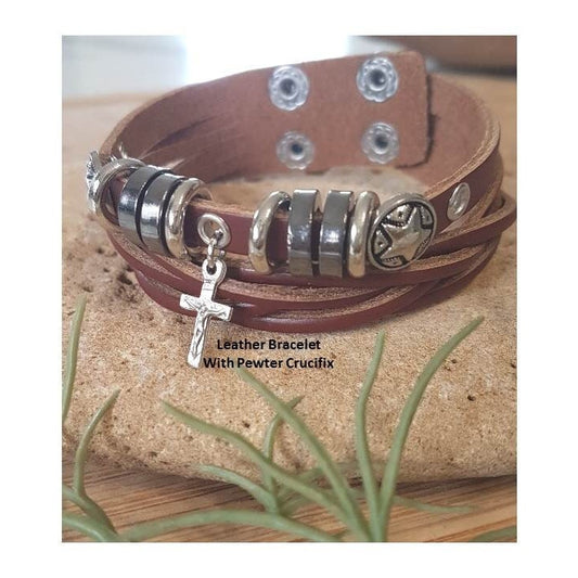 Leather Bracelet with Cross or Crucifix,Genuine Leather Adjustable Bracelet,Men and youth Leather Bracelet,Wristband with Charm