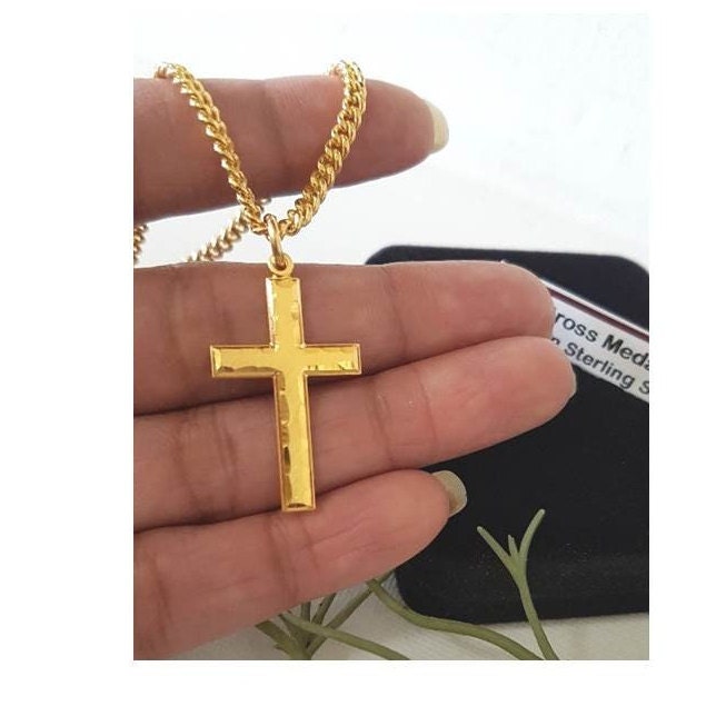 Men and Adult Cross Medal,Gold Cross Necklace,18KT Gold on Sterling Silver Cross Pendant,Bold Gold On Sterling Jewelry,Chunky Heavy Chain