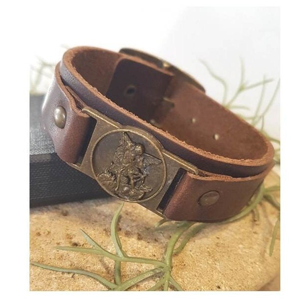 Leather Bracelet St Michael,Saint Michael Men Bracelet,Genuine Leather Bracelet with Arc Angel Michael Medal,Christian Men Jewelry