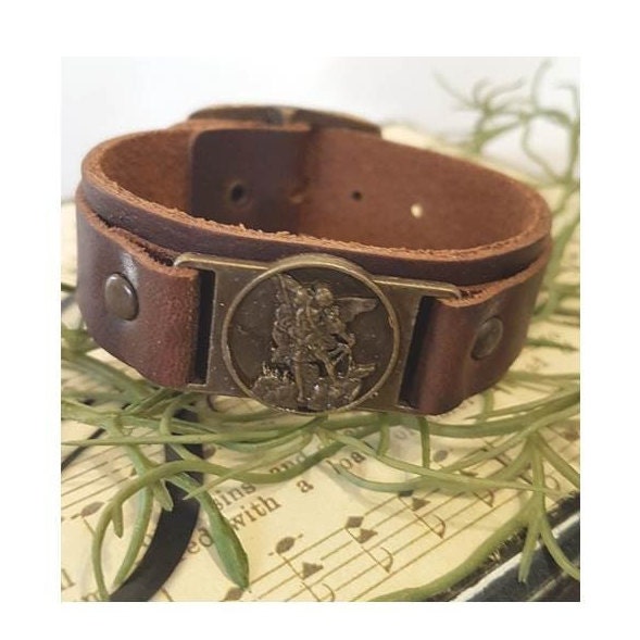Leather Bracelet St Michael,Saint Michael Men Bracelet,Genuine Leather Bracelet with Arc Angel Michael Medal,Christian Men Jewelry