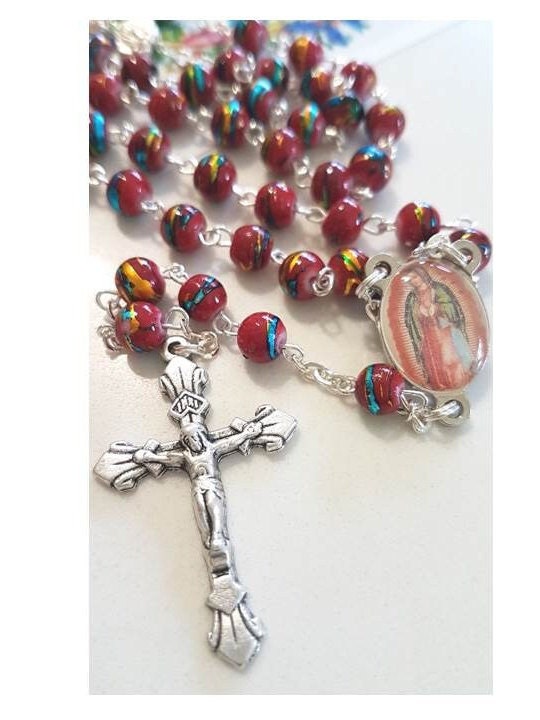 Virgin Of Guadalupe Rosary,Red Venetian Glass Rosary,Our Lady of Guadalupe Medal Rosary,Apparition of Mary Rosary,Latin America Patron Saint