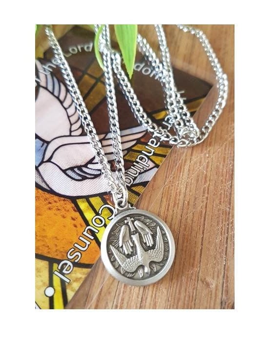 Holy Spirit Pewter Necklace, Confirmation Pendant,7 Gifts of the Holy Spirit,Praying Hands Medal, Confirmation Gifts for Boys and Girls