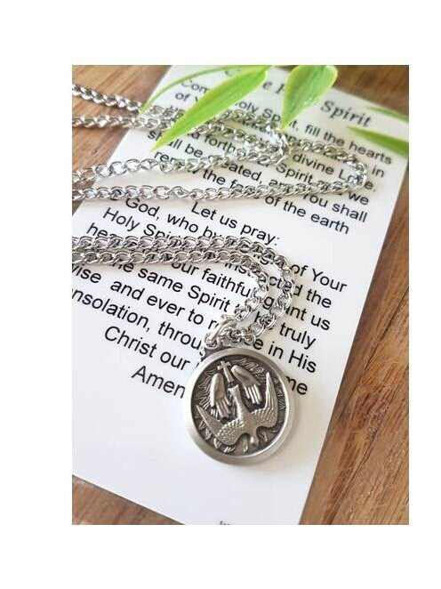 Holy Spirit Pewter Necklace, Confirmation Pendant,7 Gifts of the Holy Spirit,Praying Hands Medal, Confirmation Gifts for Boys and Girls