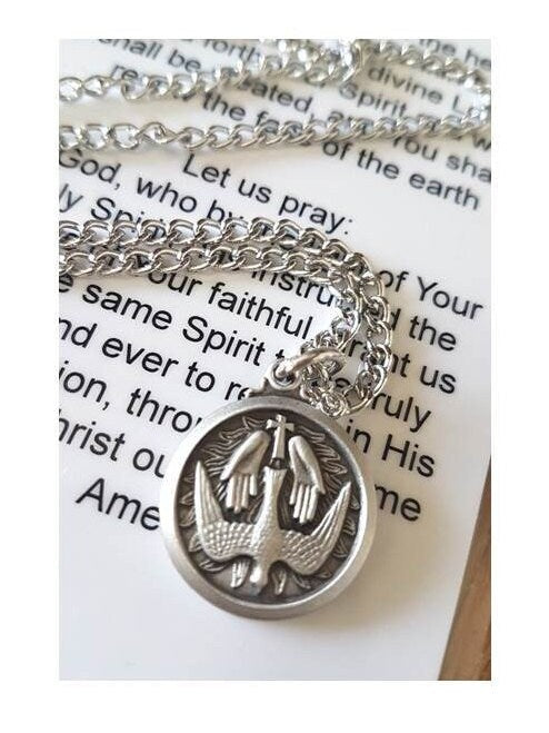 Holy Spirit Pewter Necklace, Confirmation Pendant,7 Gifts of the Holy Spirit,Praying Hands Medal, Confirmation Gifts for Boys and Girls