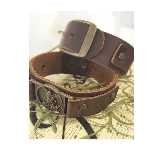 Leather Bracelet St Michael,Saint Michael Men Bracelet,Genuine Leather Bracelet with Arc Angel Michael Medal,Christian Men Jewelry