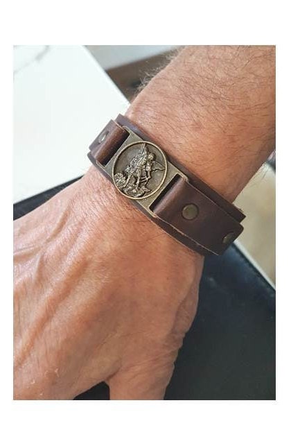 Leather Bracelet St Michael,Saint Michael Men Bracelet,Genuine Leather Bracelet with Arc Angel Michael Medal,Christian Men Jewelry