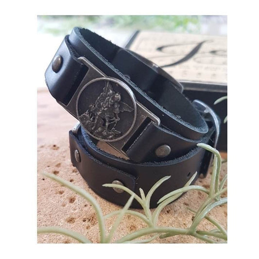 Leather Bracelet St Michael,Black Saint Michael Men Bracelet,Genuine Leather Bracelet with Arc Angel Michael Medal,Christian Men Jewelry