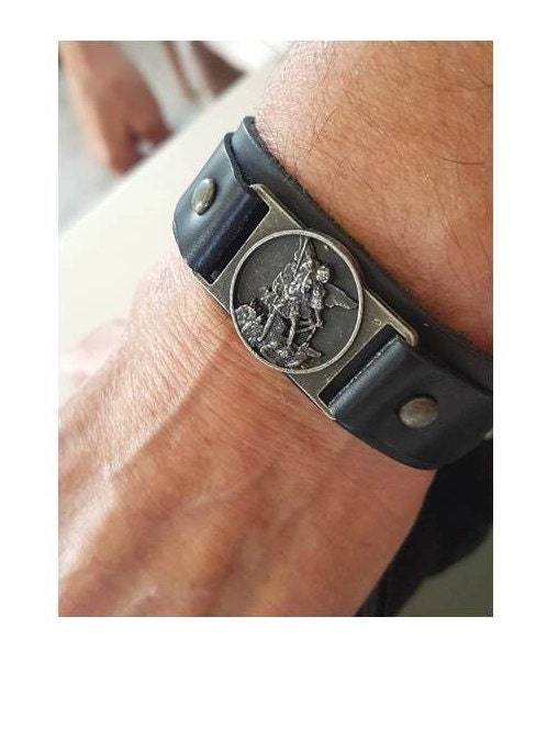 Leather Bracelet St Michael,Black Saint Michael Men Bracelet,Genuine Leather Bracelet with Arc Angel Michael Medal,Christian Men Jewelry