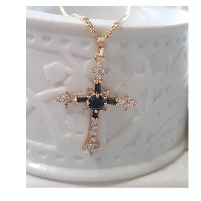 Black Crystal Gold Cross,Jet Black Cz Cross Pendant,Gold Filled Crystal Cross Necklace,Ladies Retro and Vintage Look Gold Cross Jewelry