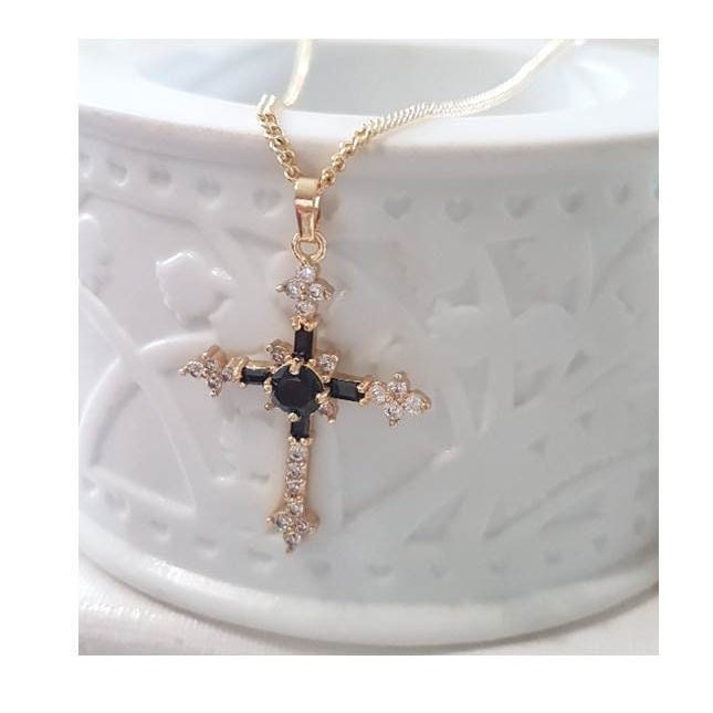 Black Crystal Gold Cross,Jet Black Cz Cross Pendant,Gold Filled Crystal Cross Necklace,Ladies Retro and Vintage Look Gold Cross Jewelry