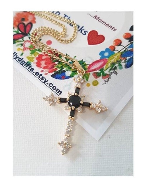 Black Crystal Gold Cross,Jet Black Cz Cross Pendant,Gold Filled Crystal Cross Necklace,Ladies Retro and Vintage Look Gold Cross Jewelry