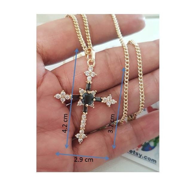 Black Crystal Gold Cross,Jet Black Cz Cross Pendant,Gold Filled Crystal Cross Necklace,Ladies Retro and Vintage Look Gold Cross Jewelry