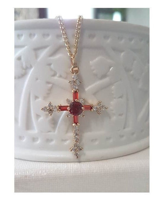 Red Crystal Gold Cross,Ruby Cz Cross Pendant,Gold Filled Crystal Cross Necklace,Ladies Retro and Vintage Look Gold Cross Jewelry