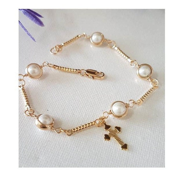 Gold Filled Pearl Bracelet with Cross,Girls Gold Bracelet, 18K Gold Filled Jewelry,First Communion Gifts,Confirmation ,Trendy Pearl Jewelry