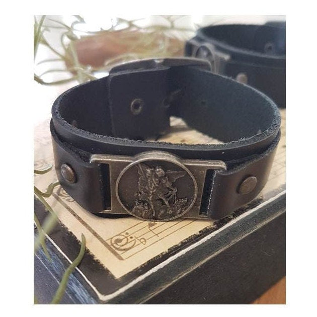 Leather Bracelet St Michael,Black Saint Michael Men Bracelet,Genuine Leather Bracelet with Arc Angel Michael Medal,Christian Men Jewelry