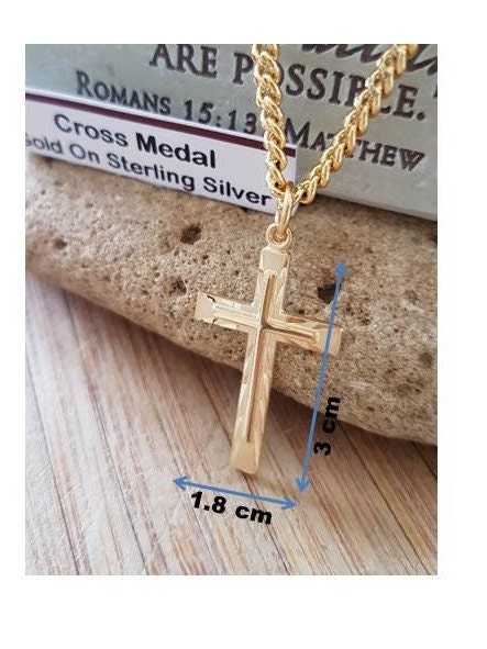 Gold Sterling Silver Cross Medal, Classy Gold Cross Pendant,  Men Cross Necklace, Confirmation and Graduation Jewelry, Big Cross Pendant