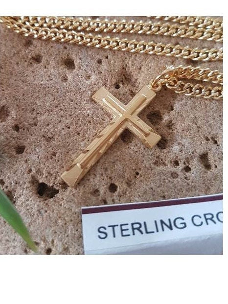 Gold Sterling Silver Cross Medal, Classy Gold Cross Pendant,  Men Cross Necklace, Confirmation and Graduation Jewelry, Big Cross Pendant